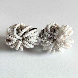 1950s Vintage White Beaded Earrings, Screw Back Style